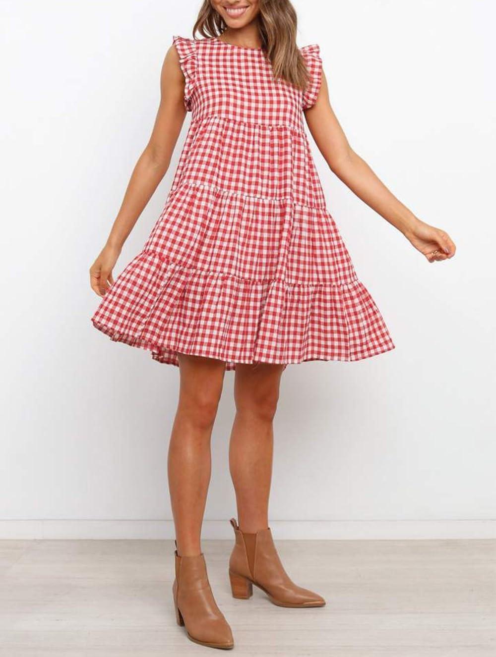 imagechouyatou Womens Summer Ruffle Puff Sleeve Babydoll Dress Cute Gingham Plaid Printed Tiered Midi DressRed