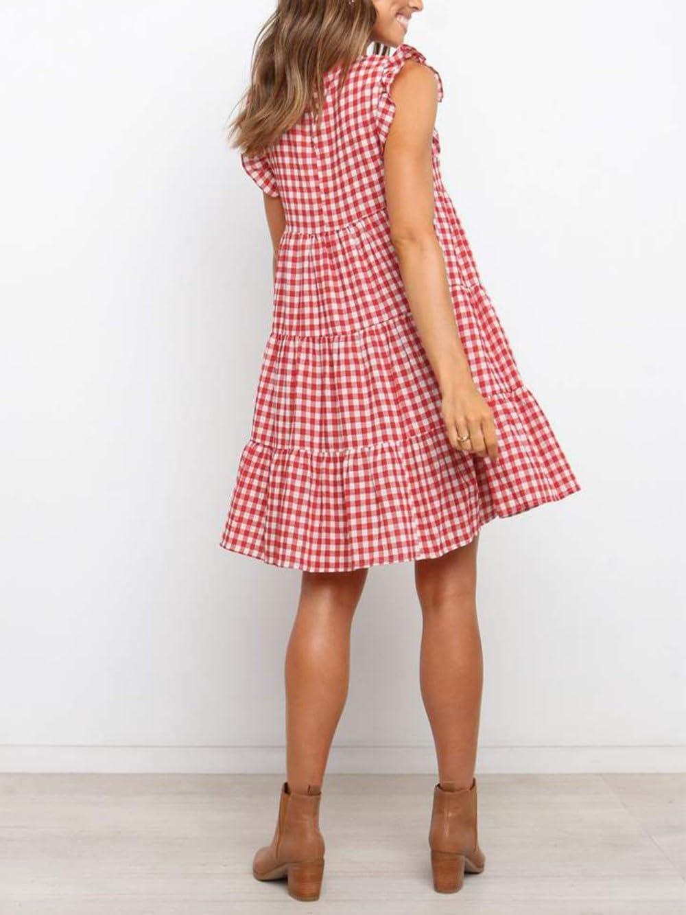 imagechouyatou Womens Summer Ruffle Puff Sleeve Babydoll Dress Cute Gingham Plaid Printed Tiered Midi DressRed