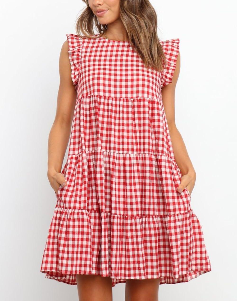 imagechouyatou Womens Summer Ruffle Puff Sleeve Babydoll Dress Cute Gingham Plaid Printed Tiered Midi DressRed