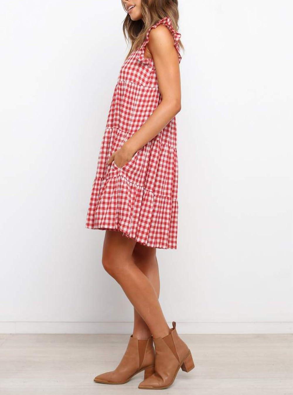 imagechouyatou Womens Summer Ruffle Puff Sleeve Babydoll Dress Cute Gingham Plaid Printed Tiered Midi DressRed