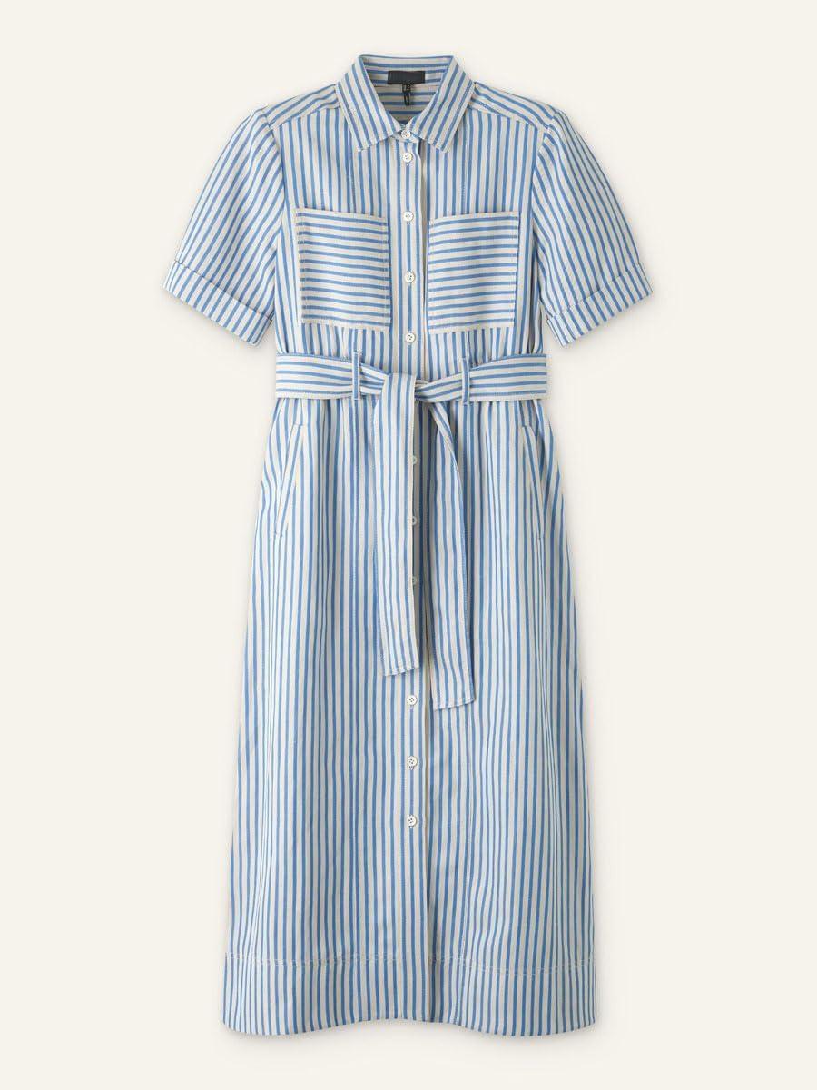 imagechouyatou Womens Summer Short Sleeve Belted Striped Shirt Dress Business Casual High Waist Midi Long Button Down DressBlue
