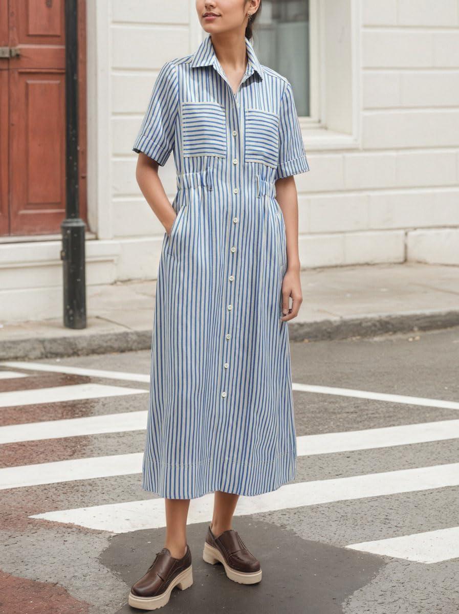 imagechouyatou Womens Summer Short Sleeve Belted Striped Shirt Dress Business Casual High Waist Midi Long Button Down DressBlue