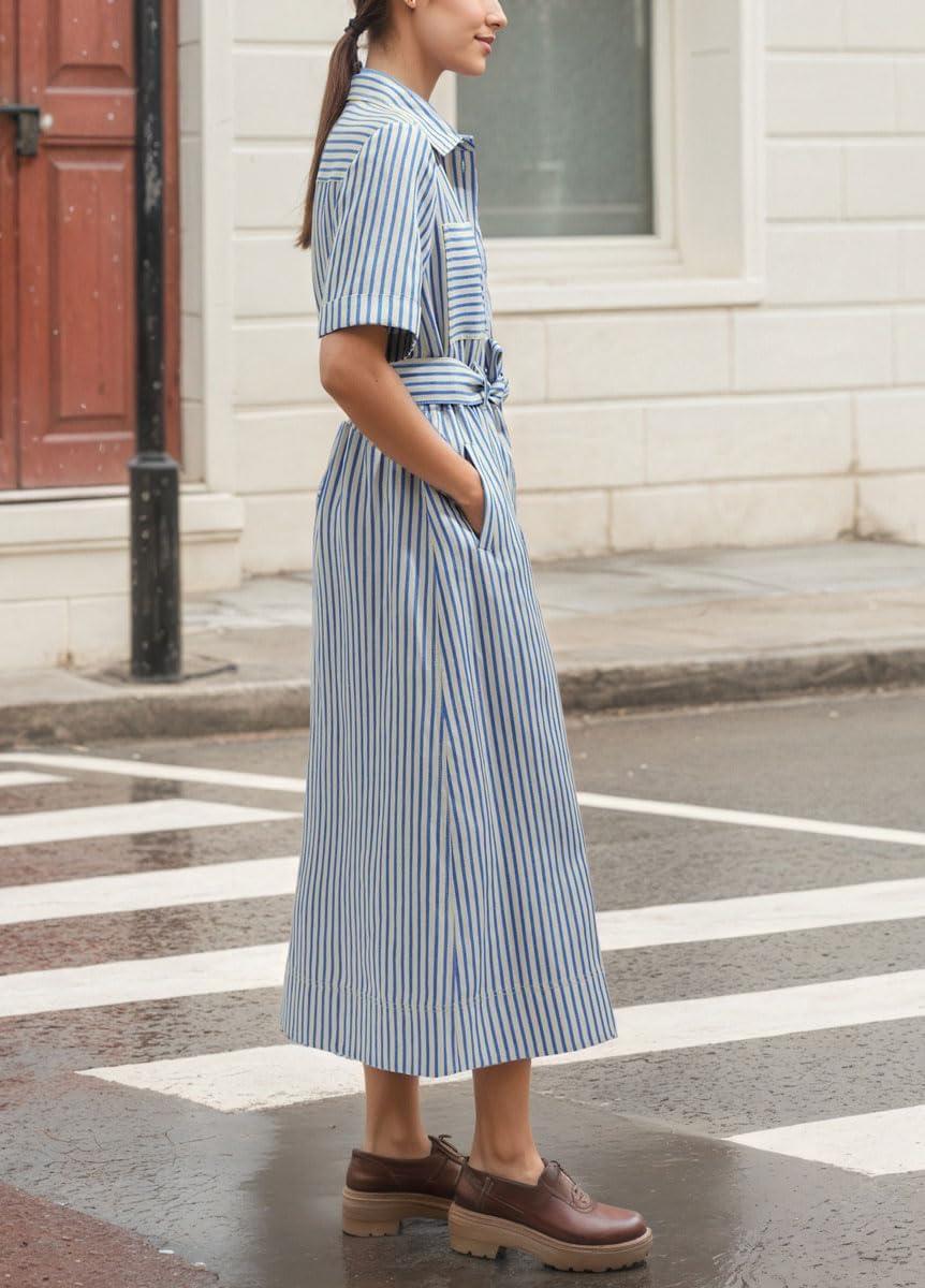 imagechouyatou Womens Summer Short Sleeve Belted Striped Shirt Dress Business Casual High Waist Midi Long Button Down DressBlue