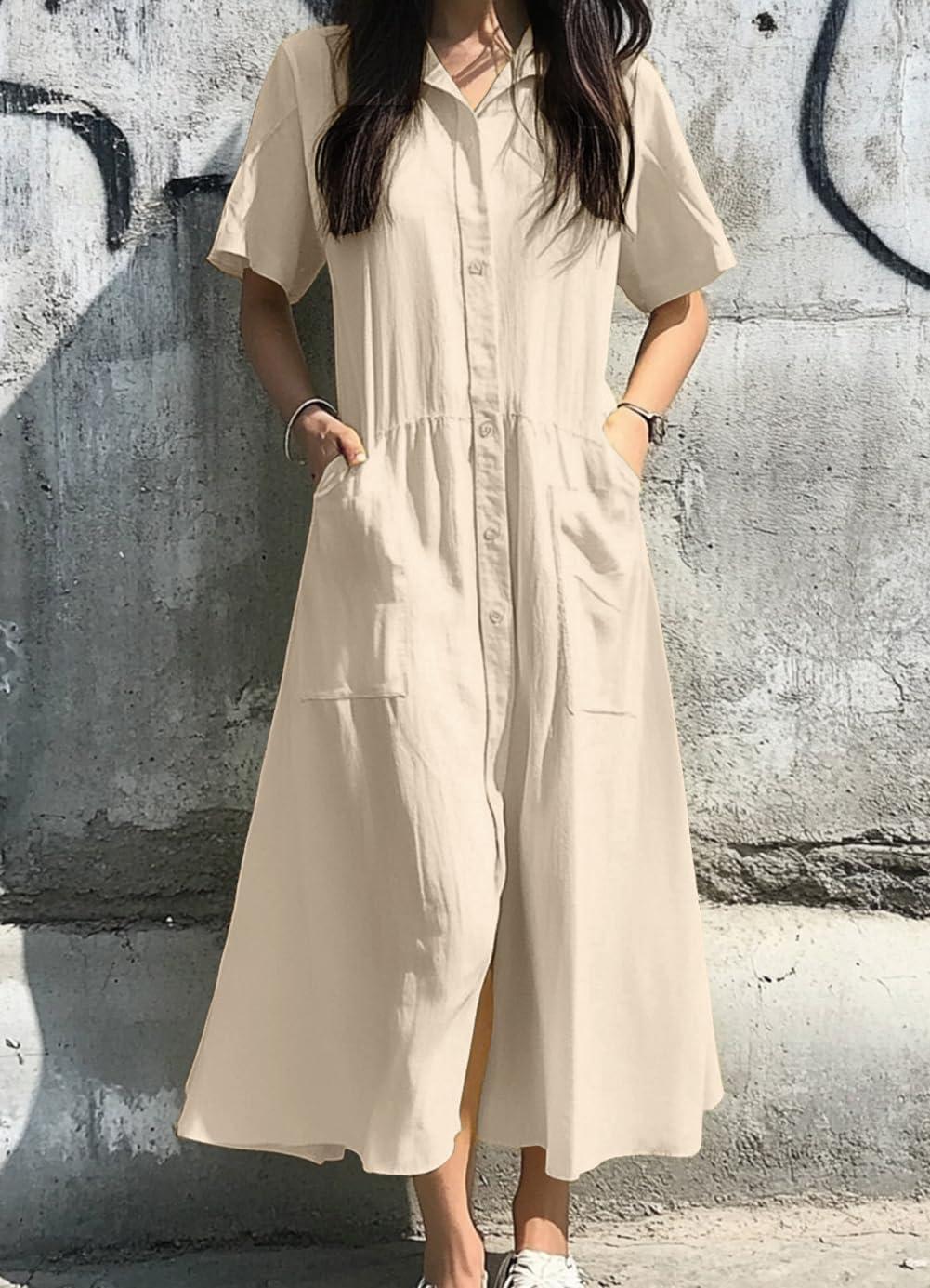 imagechouyatou Womens Summer Short Sleeve Button Down Shirt Dress ALine Flared Maxi Long Beach Casual DressLight Khaki