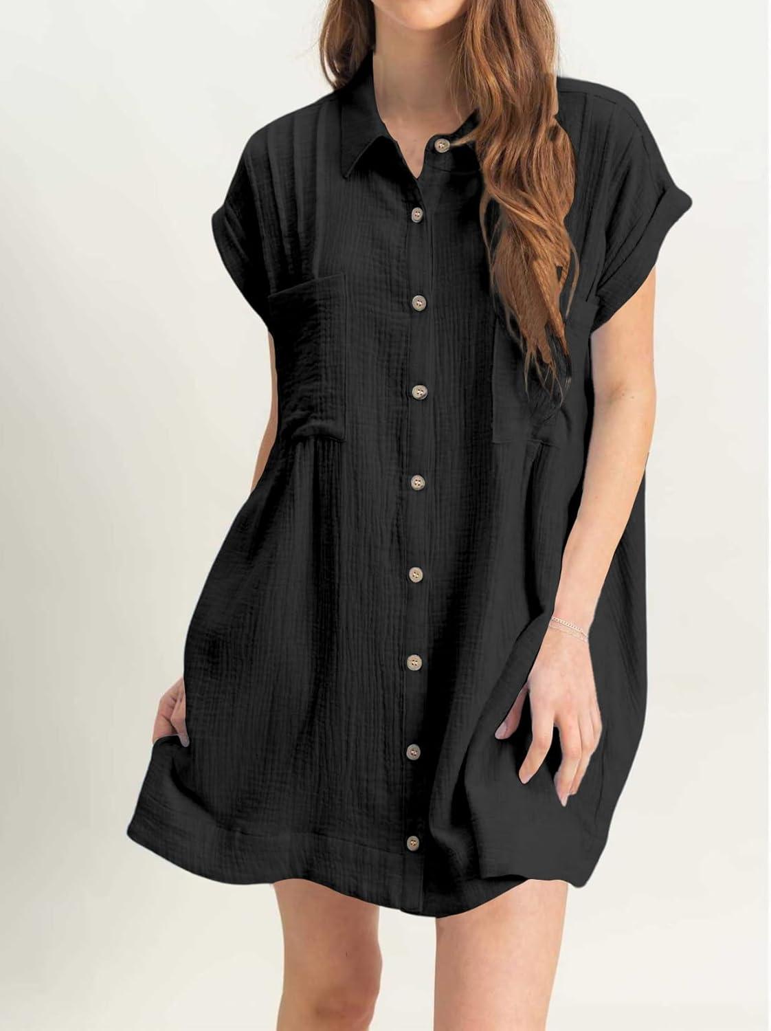 imagechouyatou Womens Summer Short Sleeve Cotton Dress Lapel Loose Fit Button Down Flowy Mini Short DressBlack