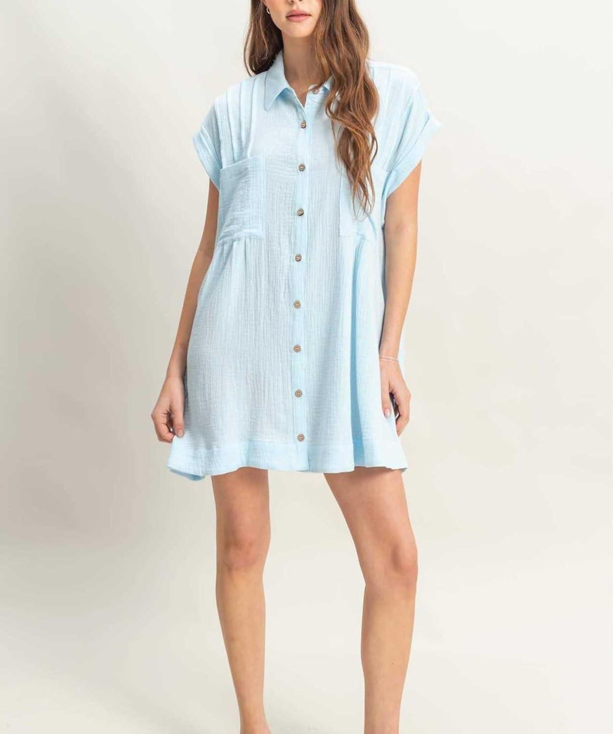 imagechouyatou Womens Summer Short Sleeve Cotton Dress Lapel Loose Fit Button Down Flowy Mini Short DressBlue