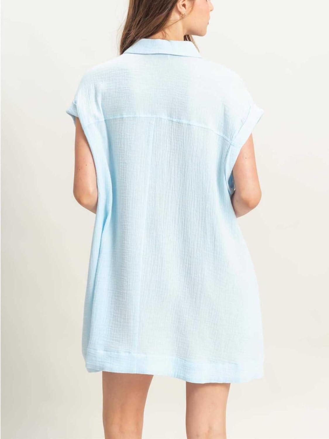 imagechouyatou Womens Summer Short Sleeve Cotton Dress Lapel Loose Fit Button Down Flowy Mini Short DressBlue