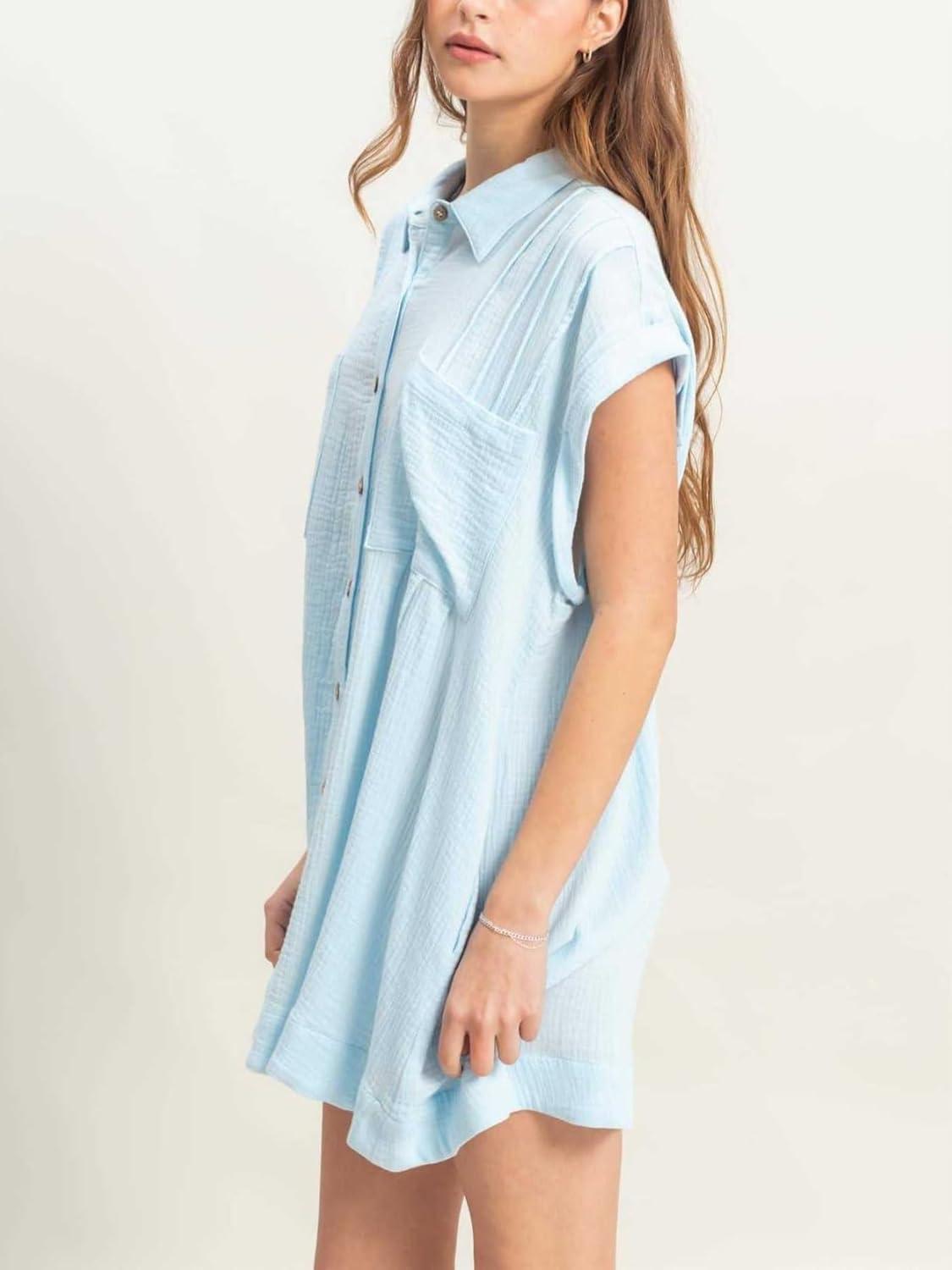 imagechouyatou Womens Summer Short Sleeve Cotton Dress Lapel Loose Fit Button Down Flowy Mini Short DressBlue