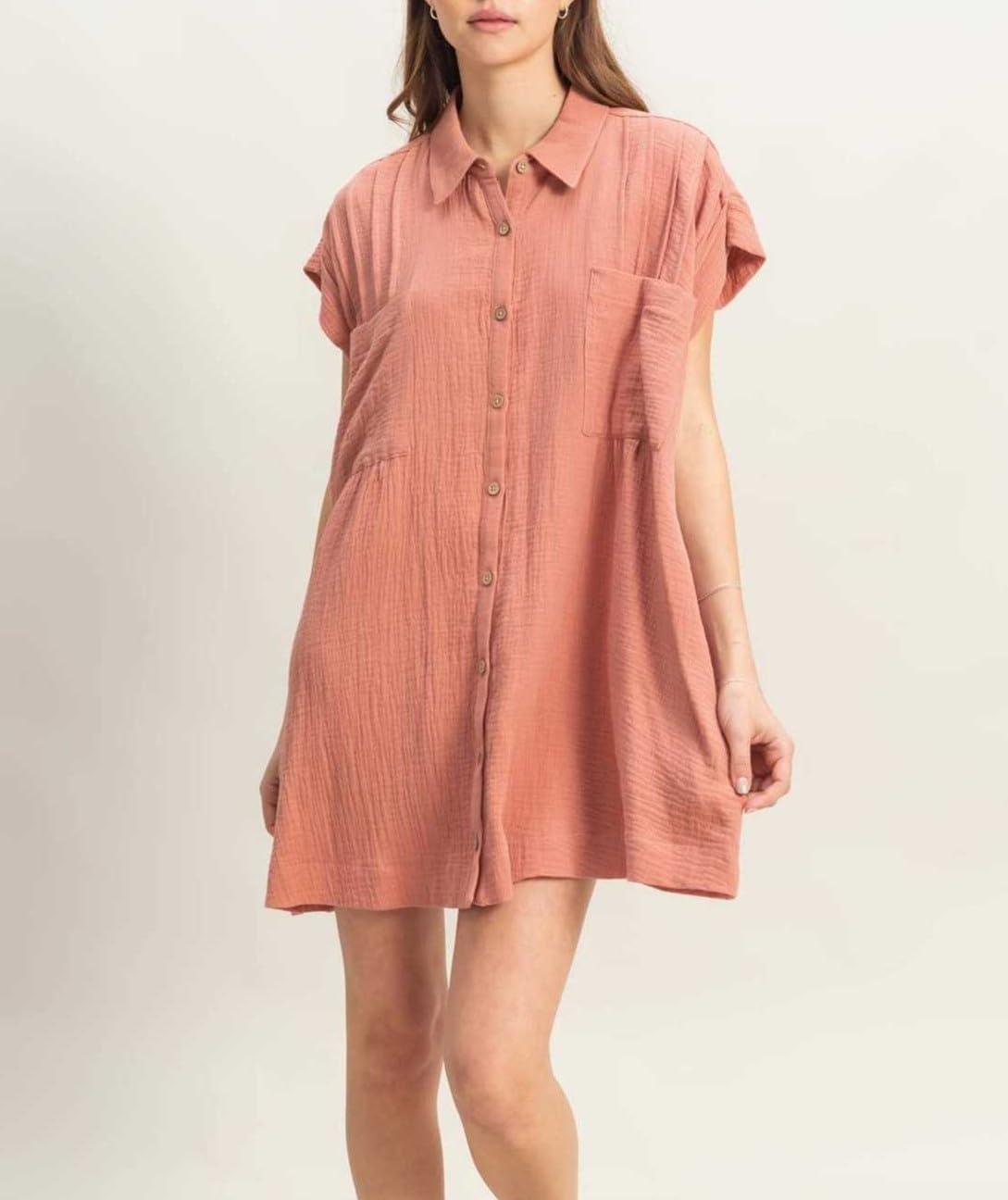 imagechouyatou Womens Summer Short Sleeve Cotton Dress Lapel Loose Fit Button Down Flowy Mini Short DressRed
