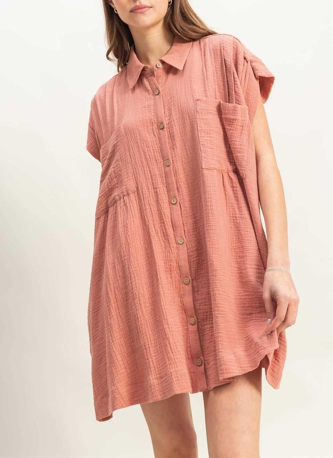 imagechouyatou Womens Summer Short Sleeve Cotton Dress Lapel Loose Fit Button Down Flowy Mini Short DressRed