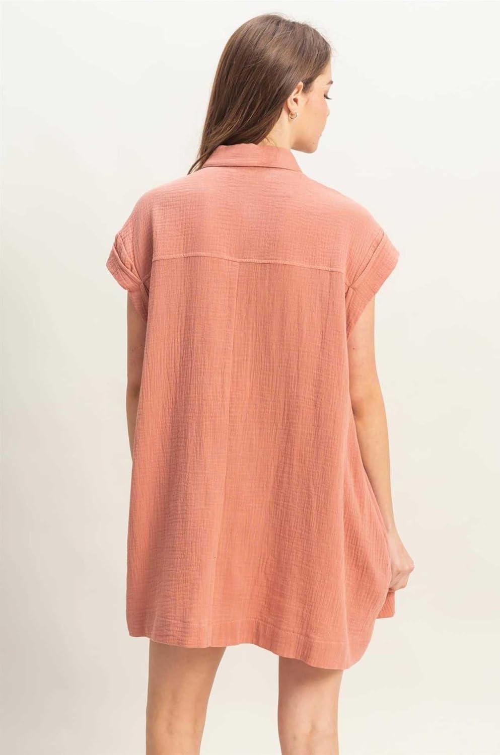 imagechouyatou Womens Summer Short Sleeve Cotton Dress Lapel Loose Fit Button Down Flowy Mini Short DressRed