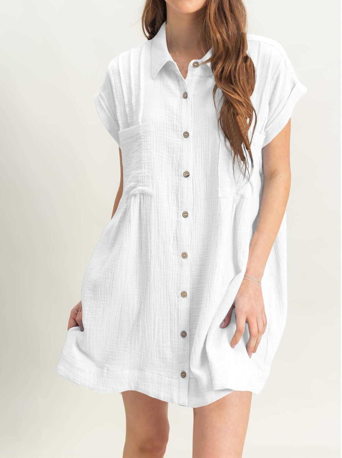 imagechouyatou Womens Summer Short Sleeve Cotton Dress Lapel Loose Fit Button Down Flowy Mini Short DressWhite