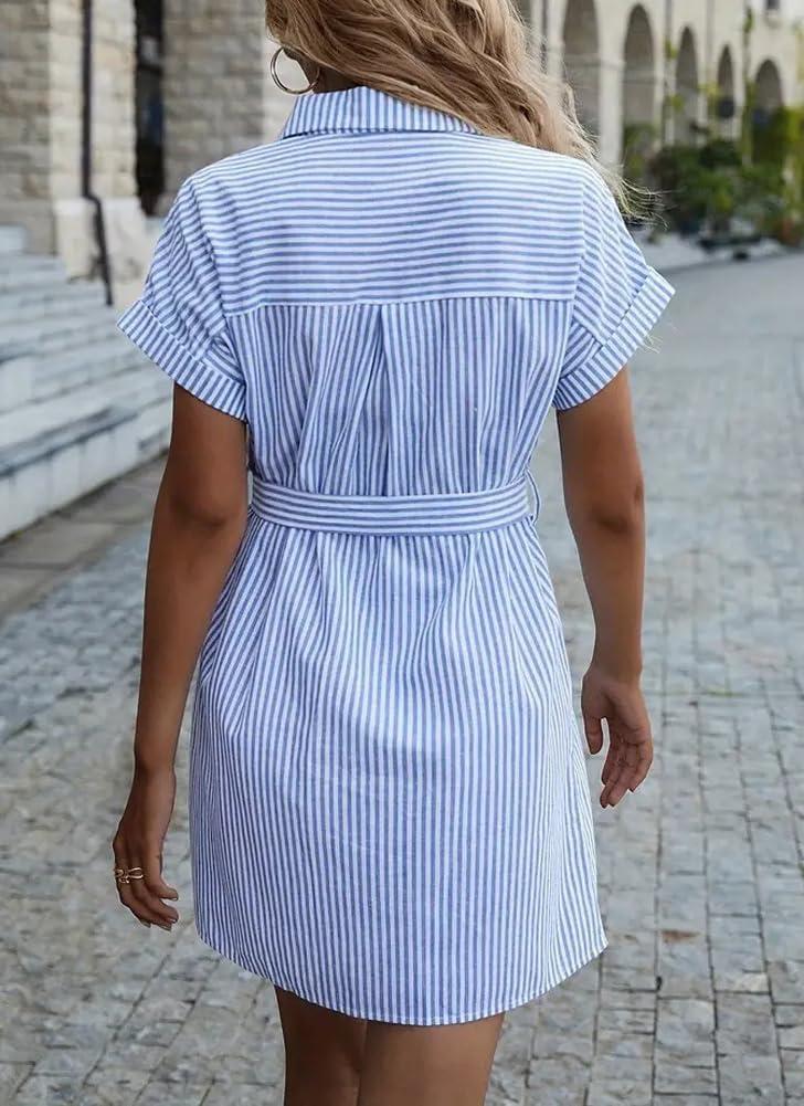 imagechouyatou Womens Summer Stripe Midi Long Shirt Dress Short Sleeve Button Down Tunic Dress with BeltBlue