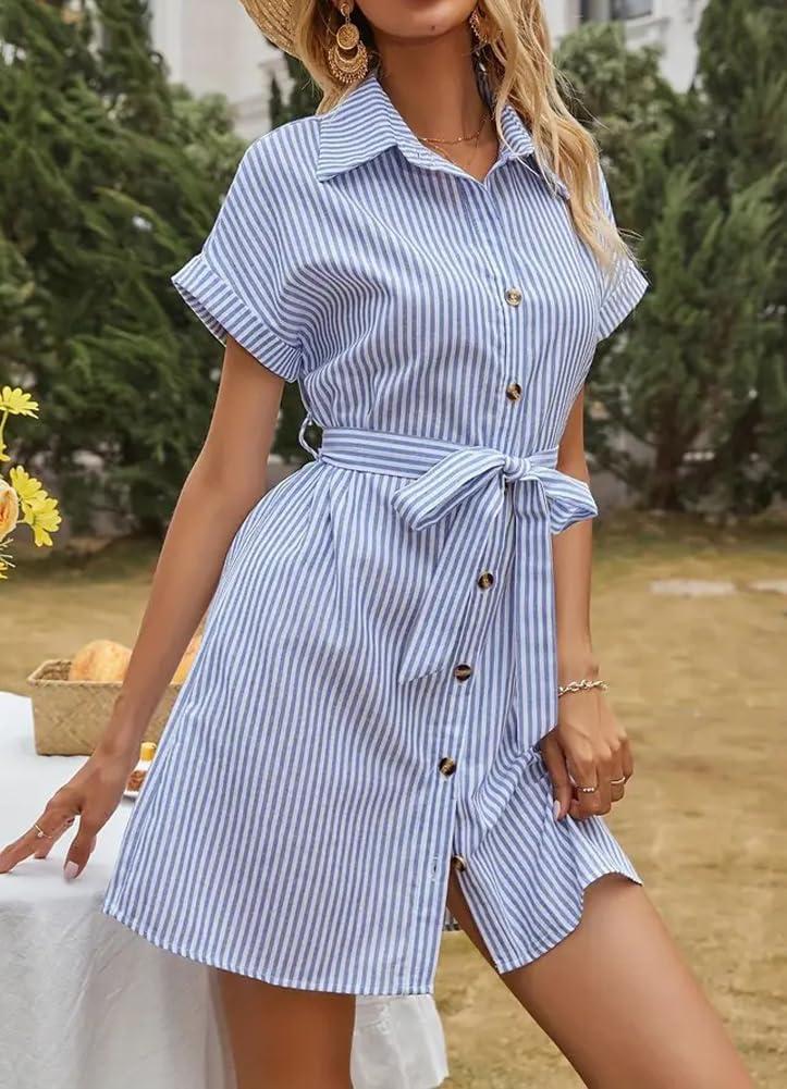 imagechouyatou Womens Summer Stripe Midi Long Shirt Dress Short Sleeve Button Down Tunic Dress with BeltBlue