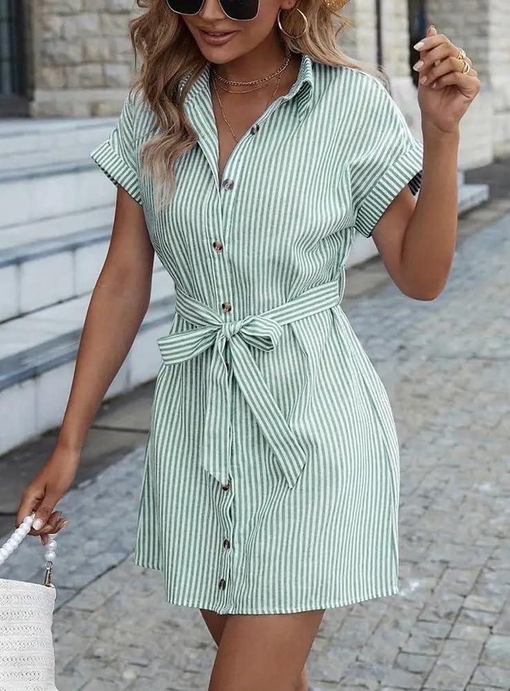imagechouyatou Womens Summer Stripe Midi Long Shirt Dress Short Sleeve Button Down Tunic Dress with BeltGreen