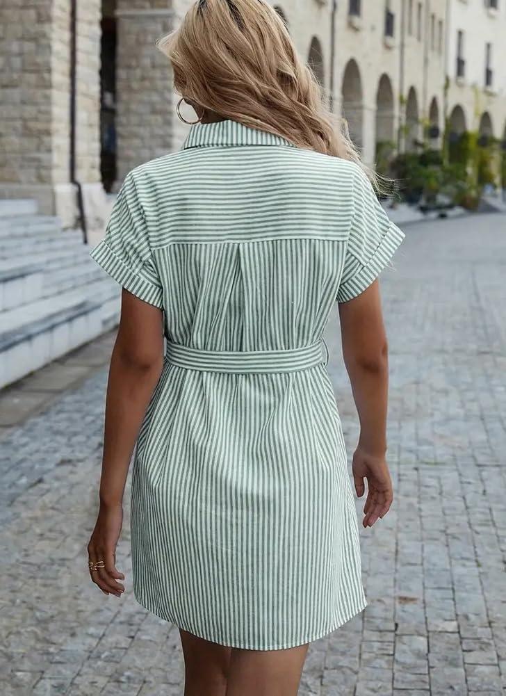 imagechouyatou Womens Summer Stripe Midi Long Shirt Dress Short Sleeve Button Down Tunic Dress with BeltGreen