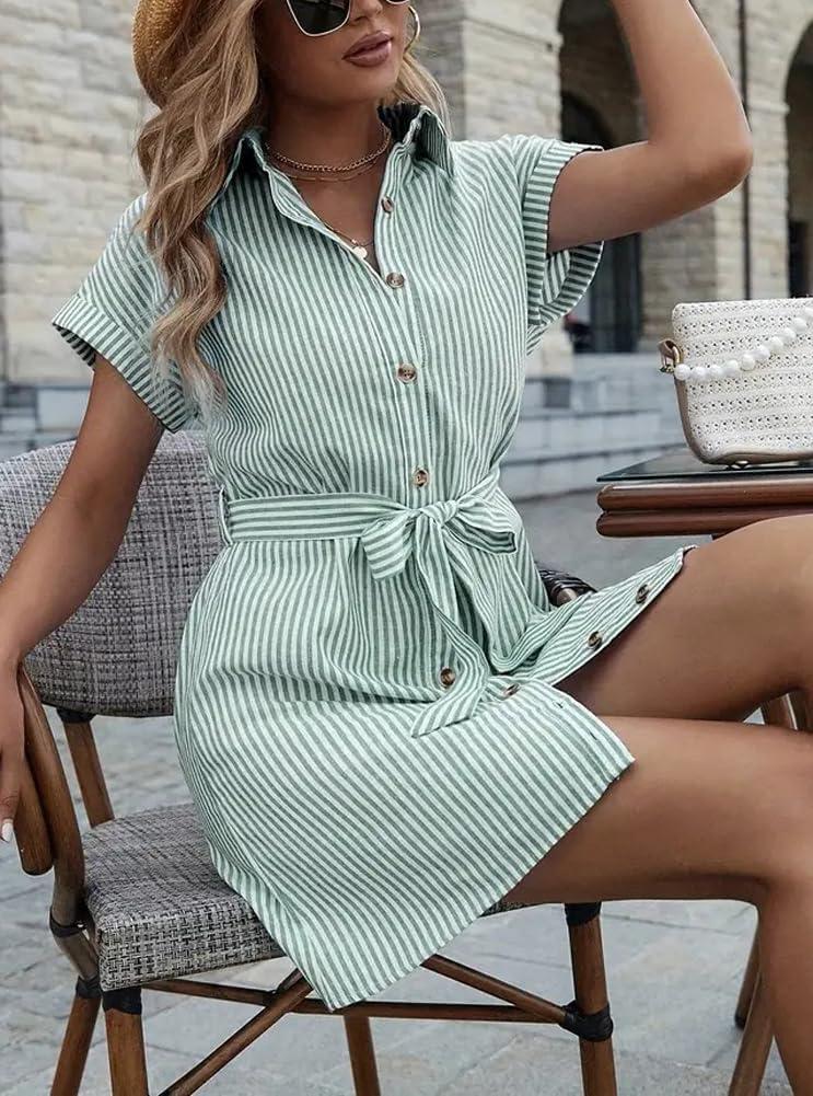 imagechouyatou Womens Summer Stripe Midi Long Shirt Dress Short Sleeve Button Down Tunic Dress with BeltGreen