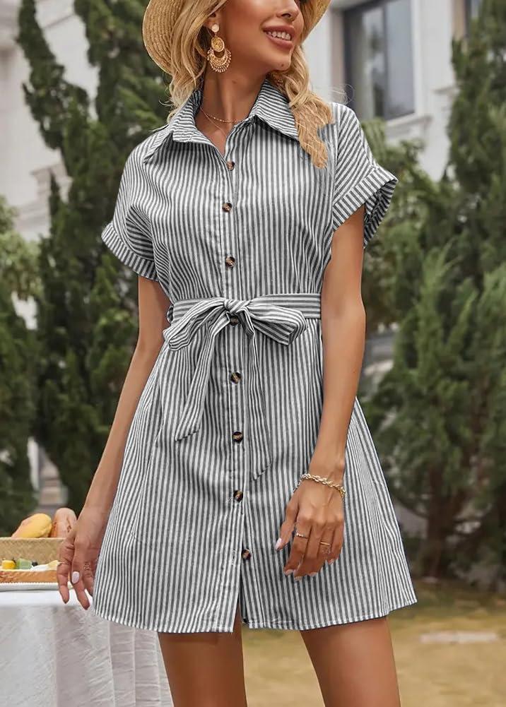 imagechouyatou Womens Summer Stripe Midi Long Shirt Dress Short Sleeve Button Down Tunic Dress with BeltGrey