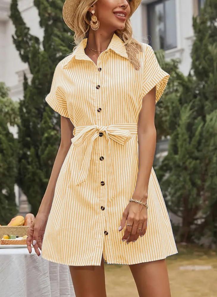 imagechouyatou Womens Summer Stripe Midi Long Shirt Dress Short Sleeve Button Down Tunic Dress with BeltYellow