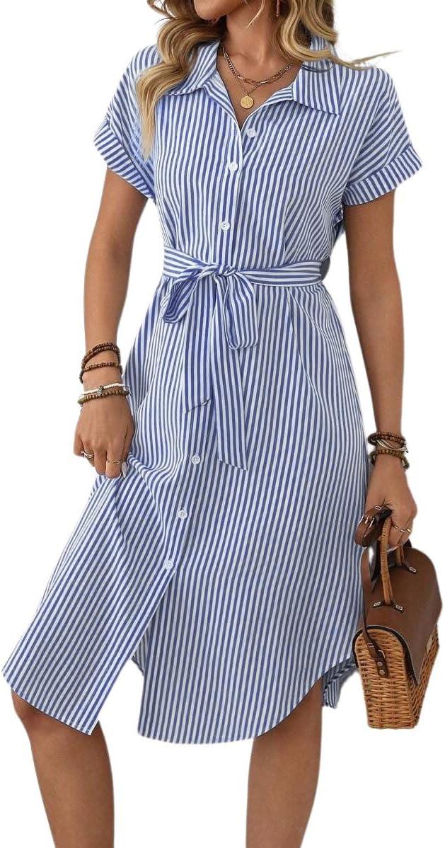 imagechouyatou Womens Summer Striped Button Down Shirt Dress Casual Loose Belted Midi Long Beach DressBlue