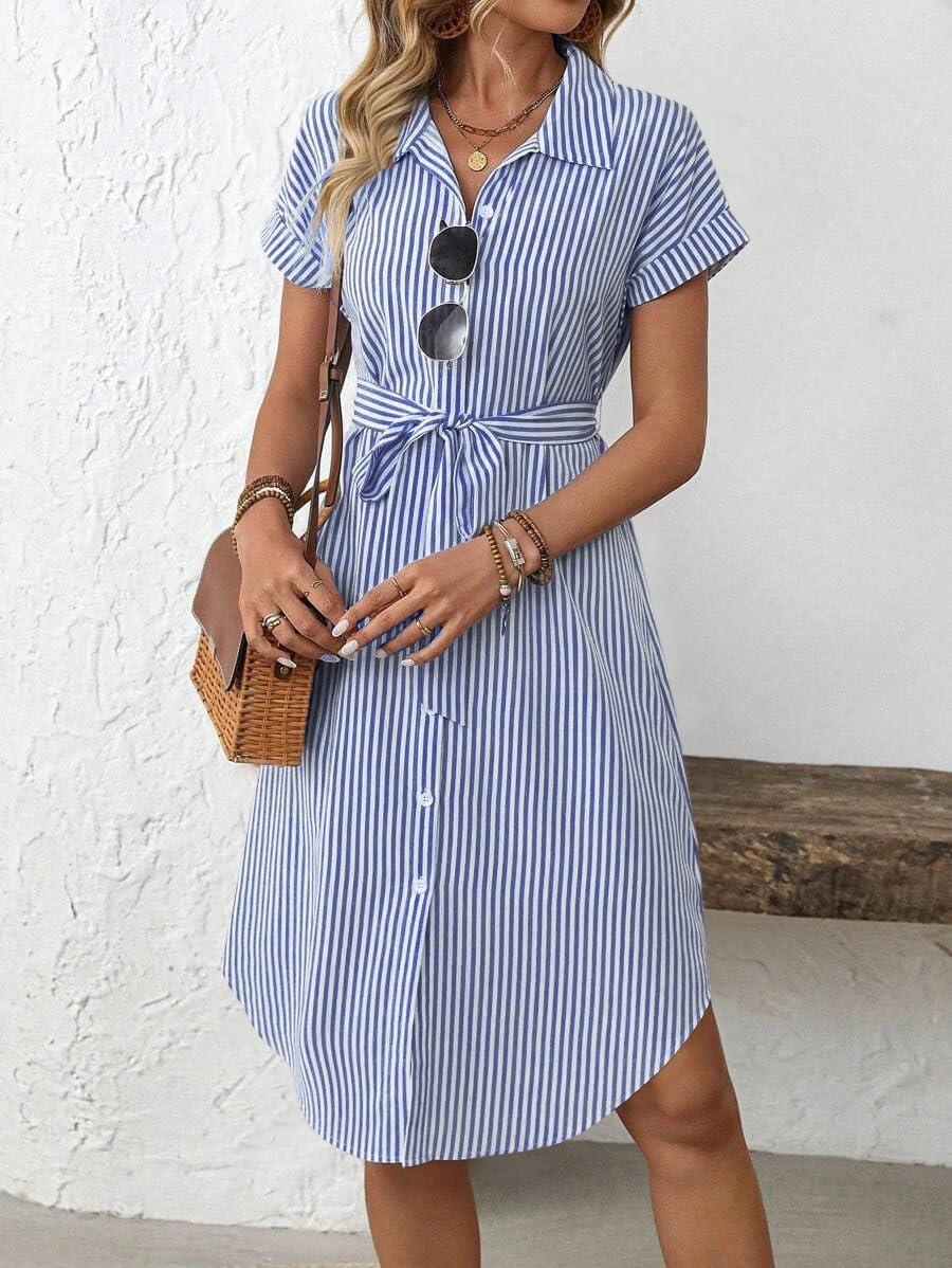 imagechouyatou Womens Summer Striped Button Down Shirt Dress Casual Loose Belted Midi Long Beach DressBlue