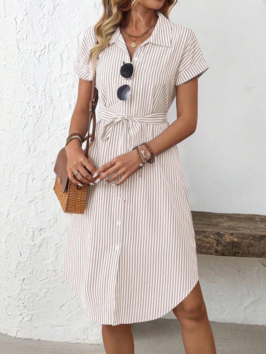 imagechouyatou Womens Summer Striped Button Down Shirt Dress Casual Loose Belted Midi Long Beach DressKhaki
