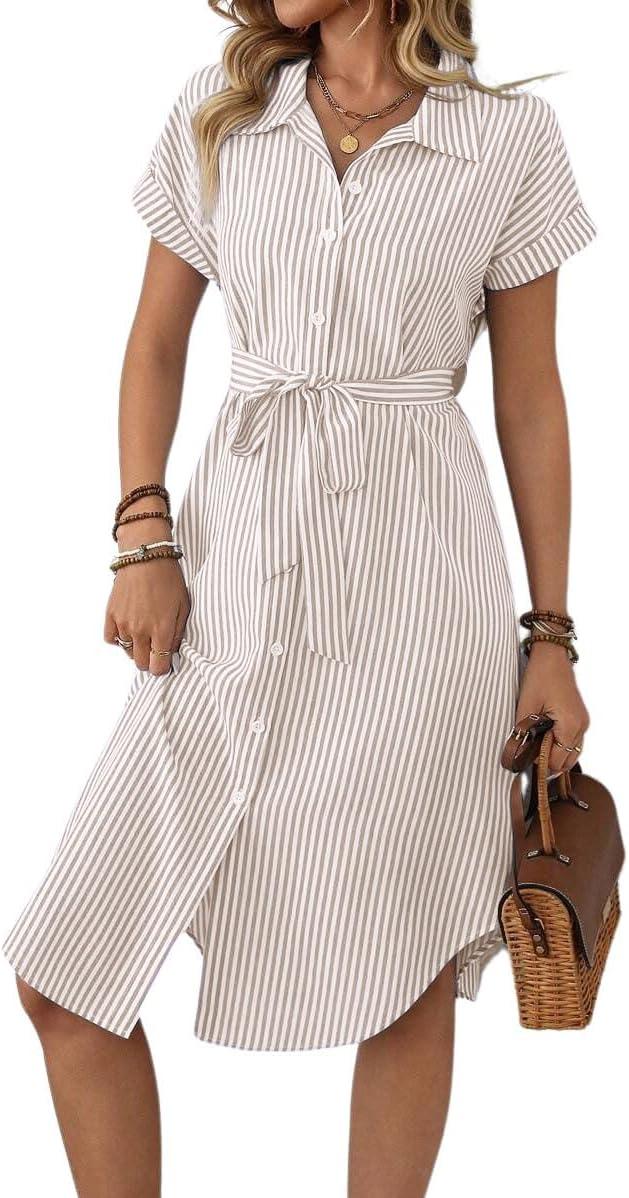 imagechouyatou Womens Summer Striped Button Down Shirt Dress Casual Loose Belted Midi Long Beach DressKhaki