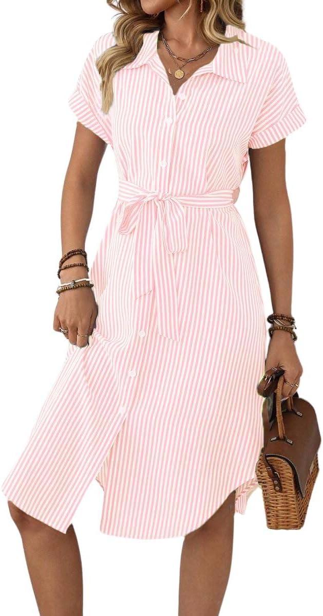 imagechouyatou Womens Summer Striped Button Down Shirt Dress Casual Loose Belted Midi Long Beach DressOrange Pink