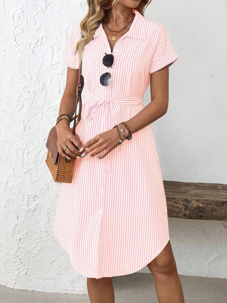 imagechouyatou Womens Summer Striped Button Down Shirt Dress Casual Loose Belted Midi Long Beach DressOrange Pink