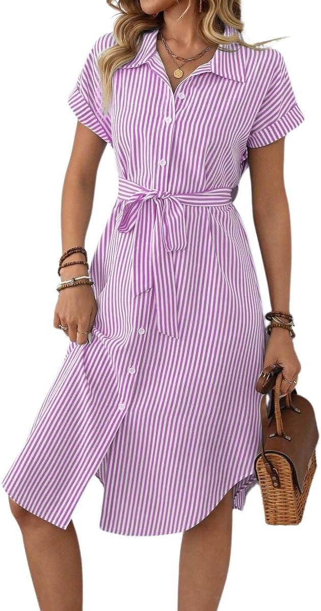imagechouyatou Womens Summer Striped Button Down Shirt Dress Casual Loose Belted Midi Long Beach DressPurple
