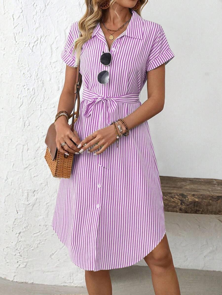 imagechouyatou Womens Summer Striped Button Down Shirt Dress Casual Loose Belted Midi Long Beach DressPurple