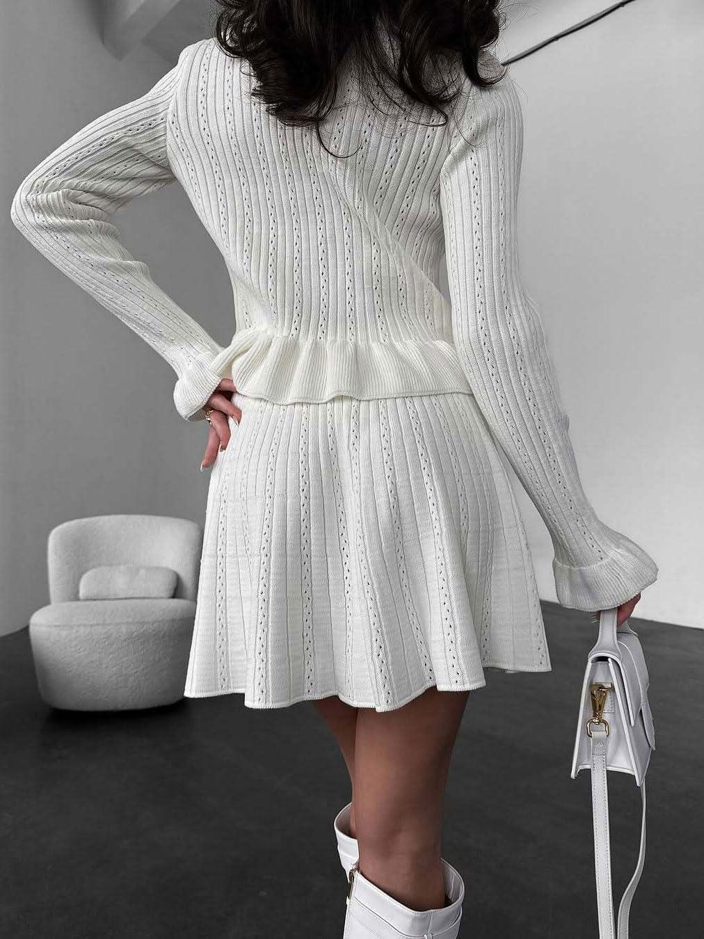 imagechouyatou Womens Sweater Knit Skirt 2 Piece Outfits Button Down Ruffle Cardigan and Pleated Mini Skirt Matching SetBeige White