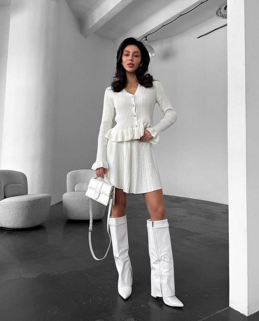 imagechouyatou Womens Sweater Knit Skirt 2 Piece Outfits Button Down Ruffle Cardigan and Pleated Mini Skirt Matching SetBeige White