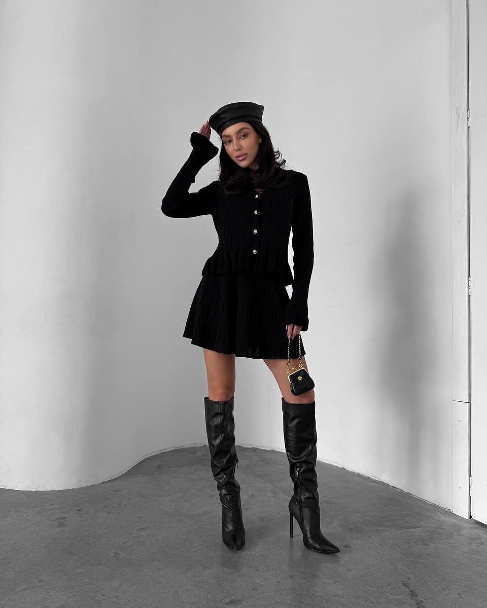 imagechouyatou Womens Sweater Knit Skirt 2 Piece Outfits Button Down Ruffle Cardigan and Pleated Mini Skirt Matching SetBlack