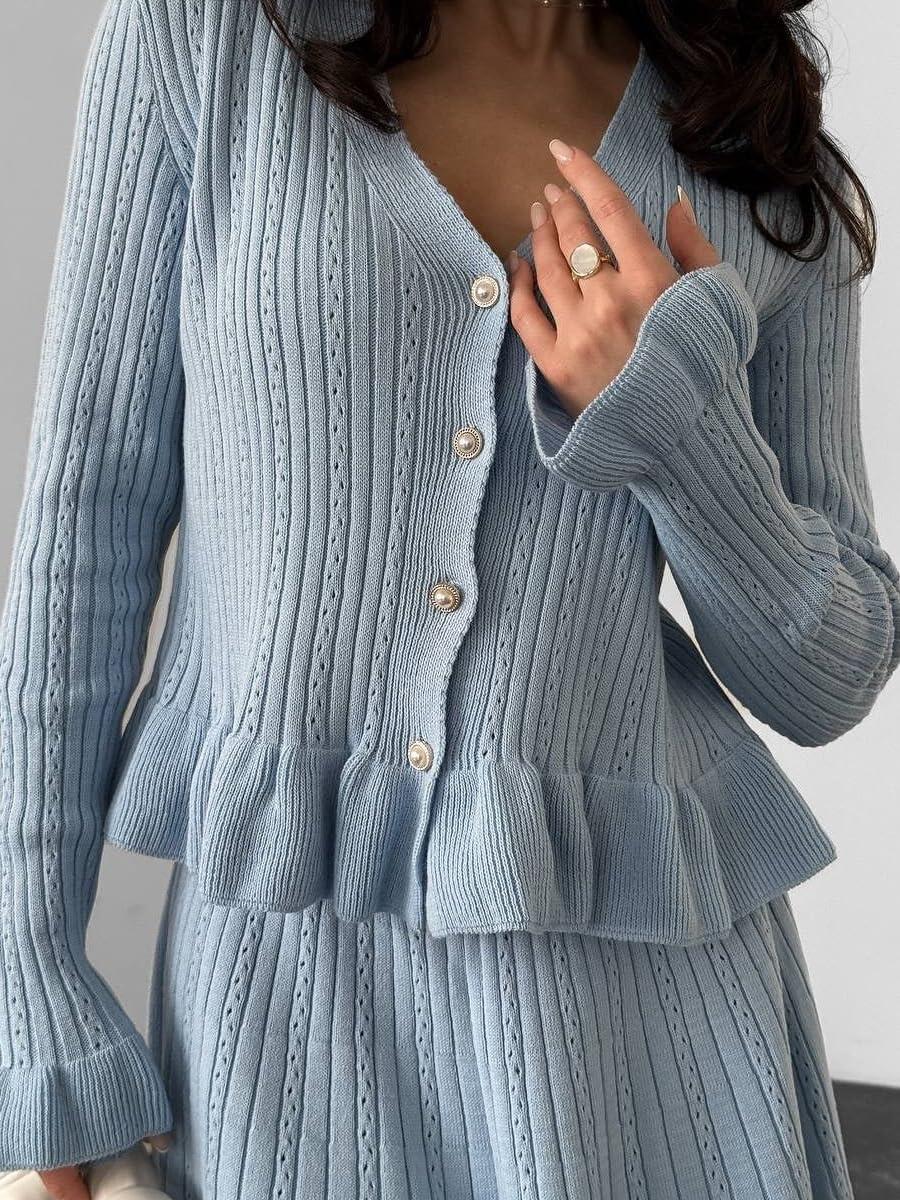 imagechouyatou Womens Sweater Knit Skirt 2 Piece Outfits Button Down Ruffle Cardigan and Pleated Mini Skirt Matching SetBlue