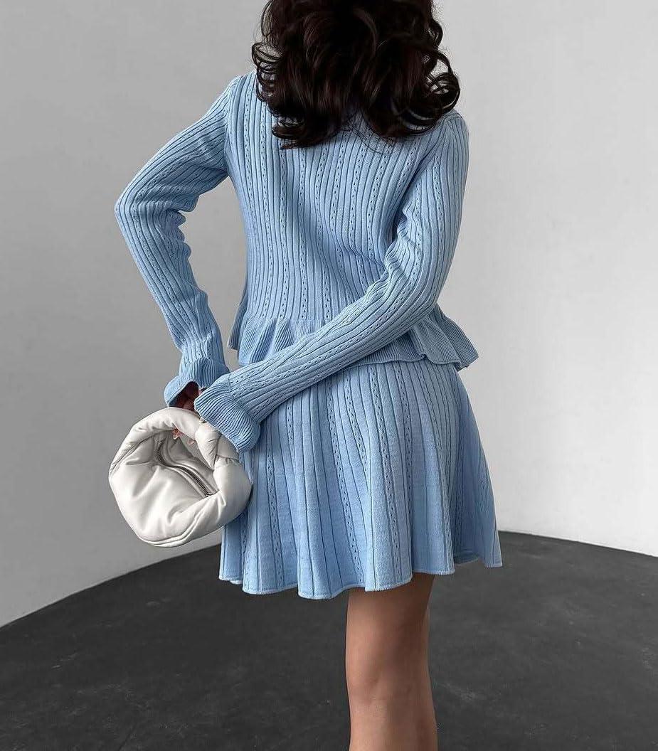 imagechouyatou Womens Sweater Knit Skirt 2 Piece Outfits Button Down Ruffle Cardigan and Pleated Mini Skirt Matching SetBlue