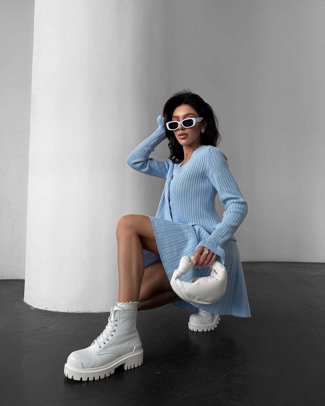 imagechouyatou Womens Sweater Knit Skirt 2 Piece Outfits Button Down Ruffle Cardigan and Pleated Mini Skirt Matching SetBlue