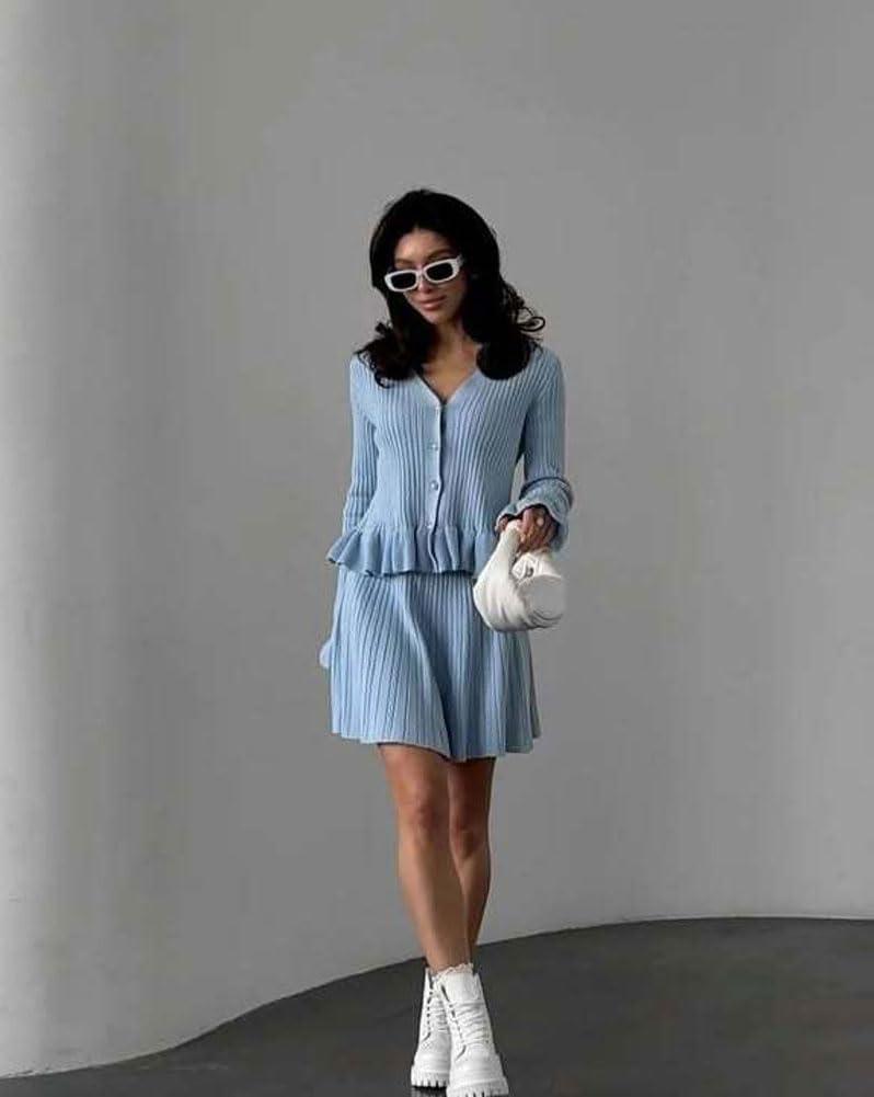 imagechouyatou Womens Sweater Knit Skirt 2 Piece Outfits Button Down Ruffle Cardigan and Pleated Mini Skirt Matching SetBlue