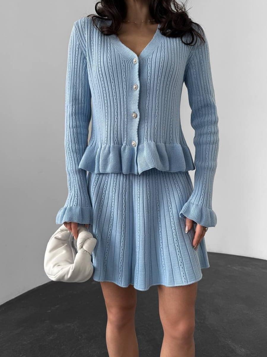 imagechouyatou Womens Sweater Knit Skirt 2 Piece Outfits Button Down Ruffle Cardigan and Pleated Mini Skirt Matching SetBlue