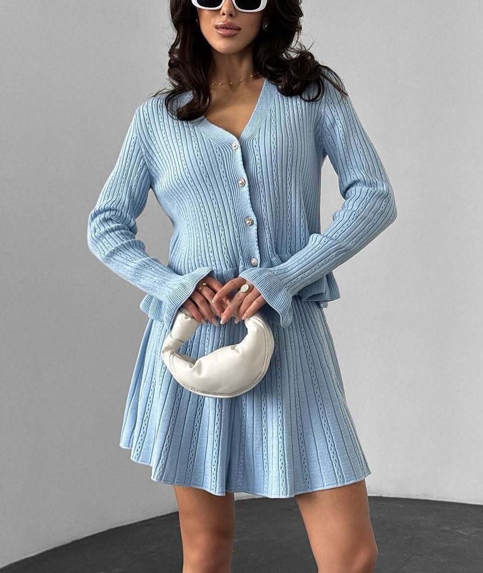 imagechouyatou Womens Sweater Knit Skirt 2 Piece Outfits Button Down Ruffle Cardigan and Pleated Mini Skirt Matching SetBlue