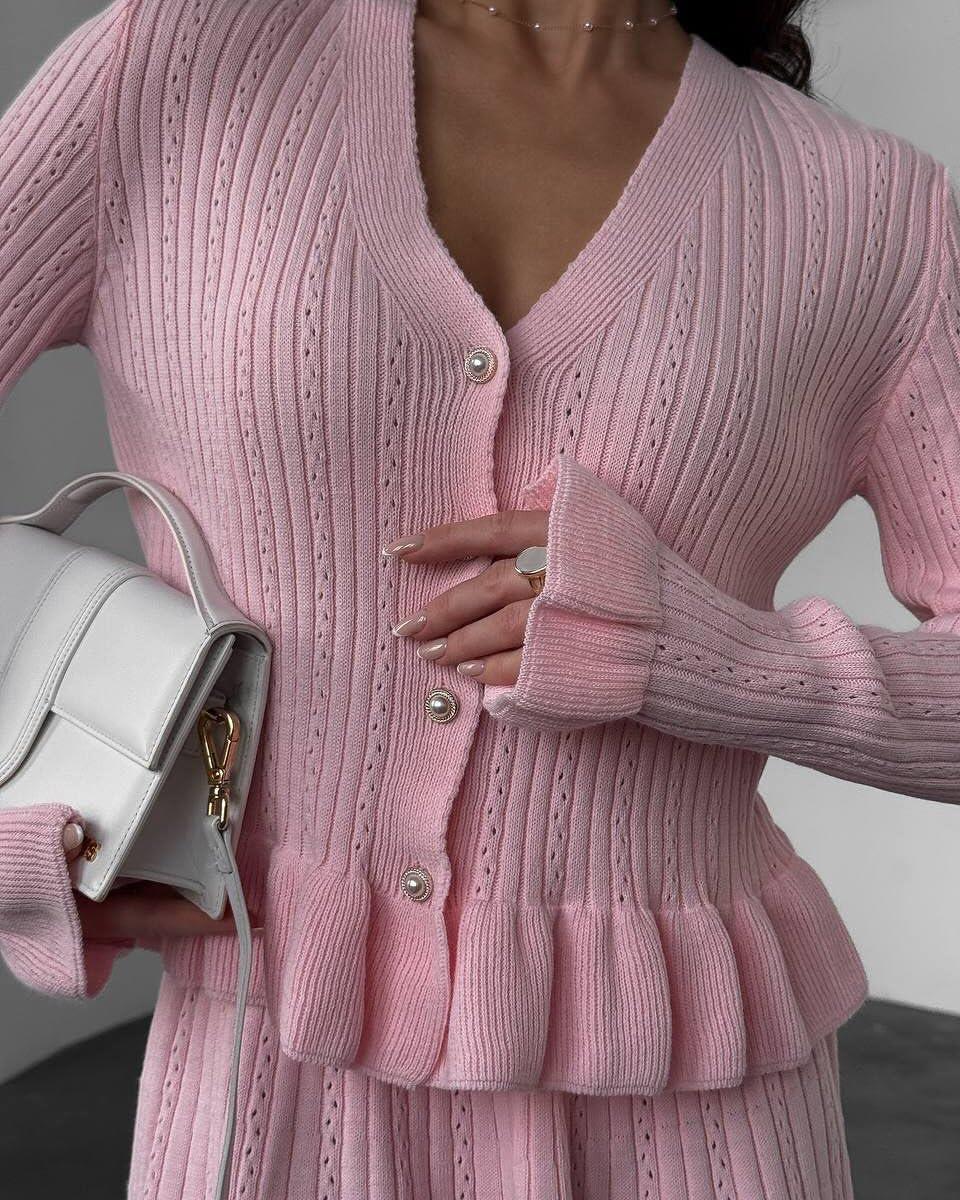 imagechouyatou Womens Sweater Knit Skirt 2 Piece Outfits Button Down Ruffle Cardigan and Pleated Mini Skirt Matching SetPink