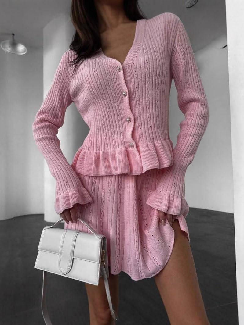 imagechouyatou Womens Sweater Knit Skirt 2 Piece Outfits Button Down Ruffle Cardigan and Pleated Mini Skirt Matching SetPink