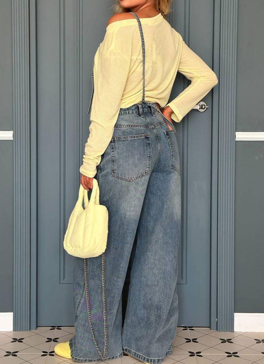 imagechouyatou Womens Tie Knot Strap Bib Denim Overall Casual Loose Wide Leg Barrel Jeans Pocketed JumpsuitsDenim Blue