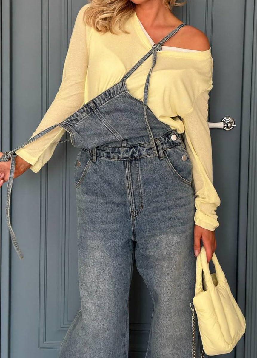 imagechouyatou Womens Tie Knot Strap Bib Denim Overall Casual Loose Wide Leg Barrel Jeans Pocketed JumpsuitsDenim Blue