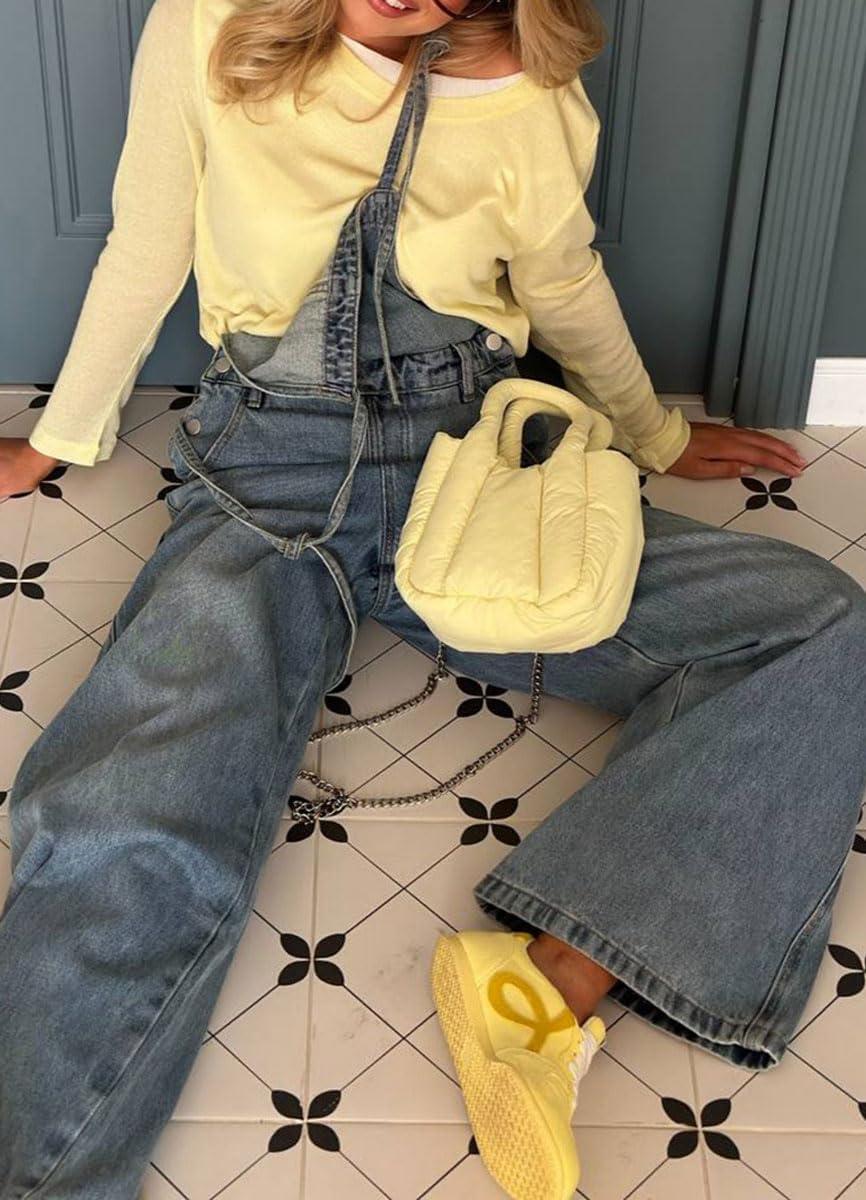 imagechouyatou Womens Tie Knot Strap Bib Denim Overall Casual Loose Wide Leg Barrel Jeans Pocketed JumpsuitsDenim Blue