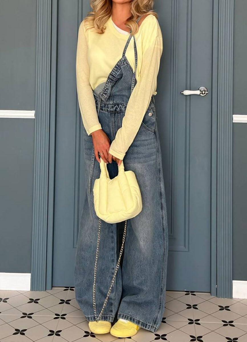 imagechouyatou Womens Tie Knot Strap Bib Denim Overall Casual Loose Wide Leg Barrel Jeans Pocketed JumpsuitsDenim Blue