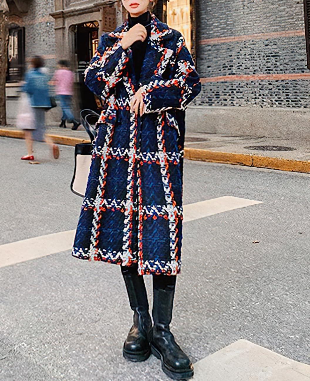 imagechouyatou Womens Tweed Double Breasted Wool Coat Plaid Notch Lapel Mid Long Peacoat Winter Trench CoatBlue