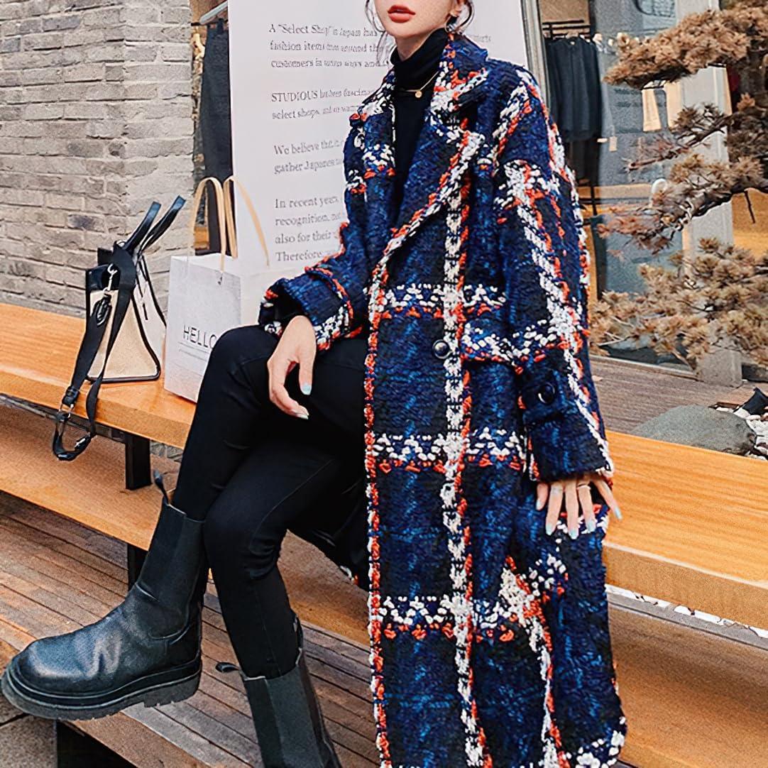 imagechouyatou Womens Tweed Double Breasted Wool Coat Plaid Notch Lapel Mid Long Peacoat Winter Trench CoatBlue