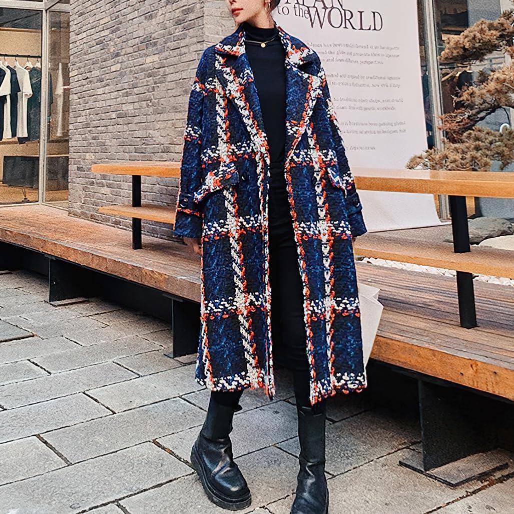 imagechouyatou Womens Tweed Double Breasted Wool Coat Plaid Notch Lapel Mid Long Peacoat Winter Trench CoatBlue