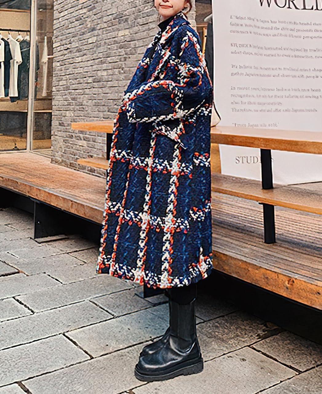 imagechouyatou Womens Tweed Double Breasted Wool Coat Plaid Notch Lapel Mid Long Peacoat Winter Trench CoatBlue